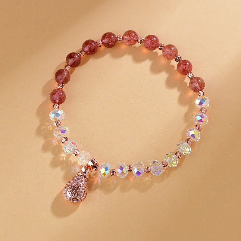 Fortune Jewel Strawberry Quartz White Crystal Money Bag Charm Positive Bracelet