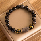Fortune Jewel Natural Silver Sheen Obsidian Black Obsidian Om Mani Padme Hum Pixiu Protection Bracelet