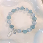Fortune Jewel 925 Sterling Silver Aquamarine Cat's Eye Healing Feather Star Charm Bracelet