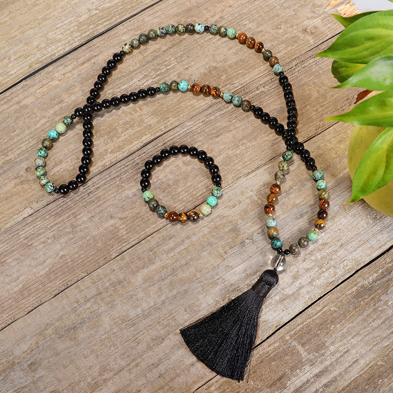 Fortune Jewel 108 Mala Beads Natural Stone Tiger Eye Turquoise Protection Strength Bracelet Necklace