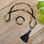 Fortune Jewel 108 Mala Beads Natural Stone Tiger Eye Turquoise Protection Strength Bracelet Necklace