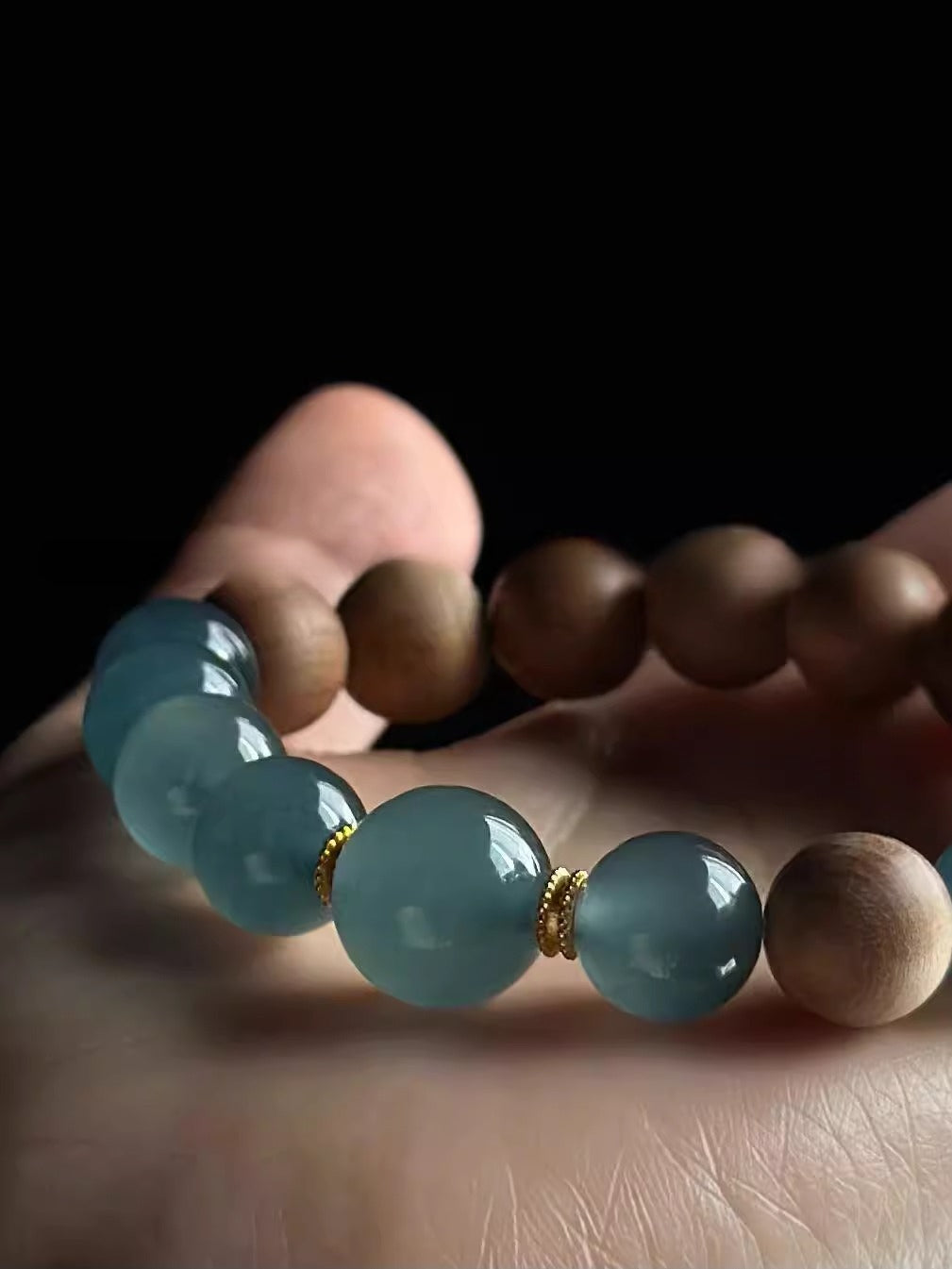 Natural Blue Water Jadeite Bracelet with 10mm Beads & Indian Old Sandalwood – Single Wrap, Unisex
