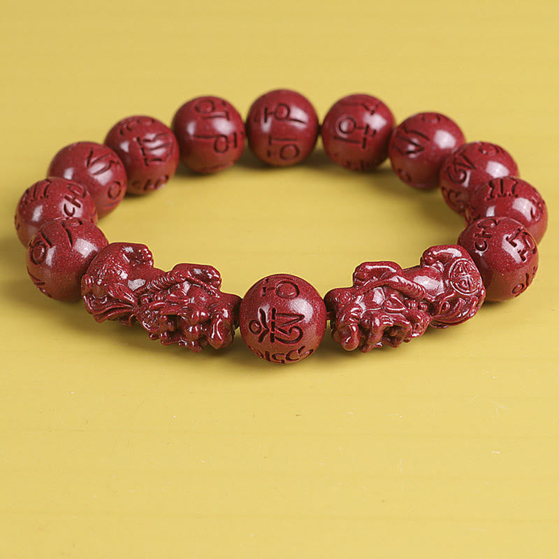 Fortune Jewel Natural Double PiXiu Cinnabar Om Mani Padme Hum Wealth Luck Bead Bracelet