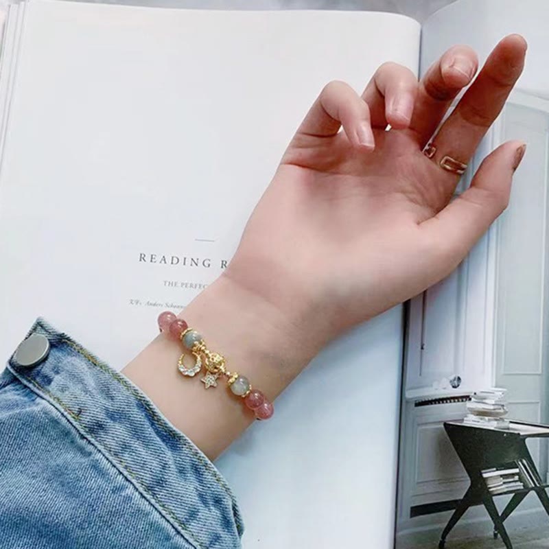 Fortune Jewel Strawberry Quartz Moonstone Moon Star Love Bracelet