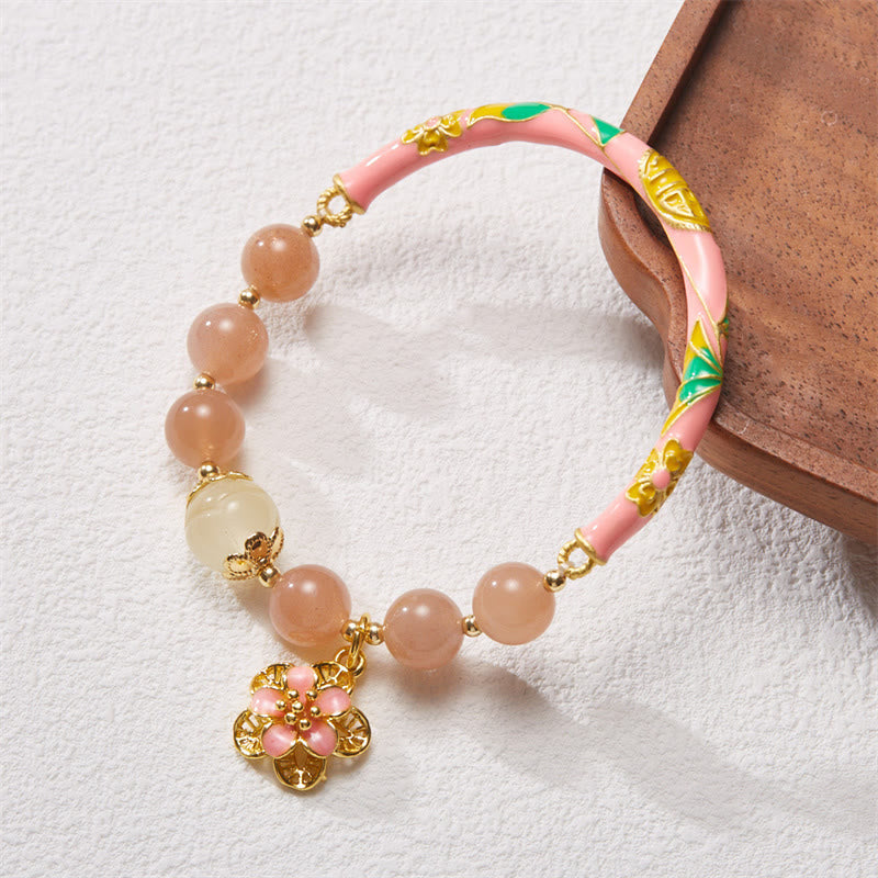 Fortune Jewel Natural Sun Stone Golden Silk Jade Flower Charm Wealth Bracelet Bangle