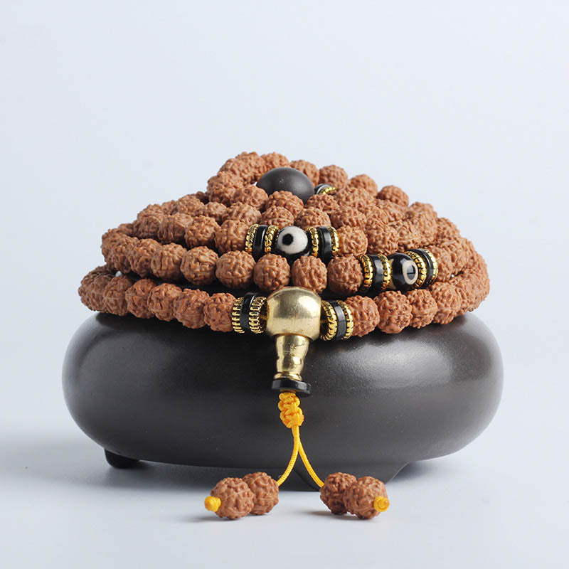 Fortune Jewel 108 Mala Beads Rudraksha Bodhi Seed Dzi Bead Luck Wealth Bracelet