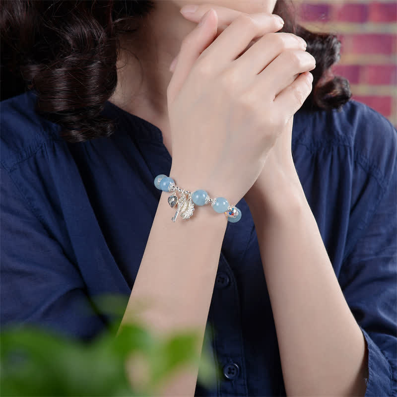 Fortune Jewel 925 Sterling Silver Natural Aquamarine Serenity Flower Love Key Charm Bracelet