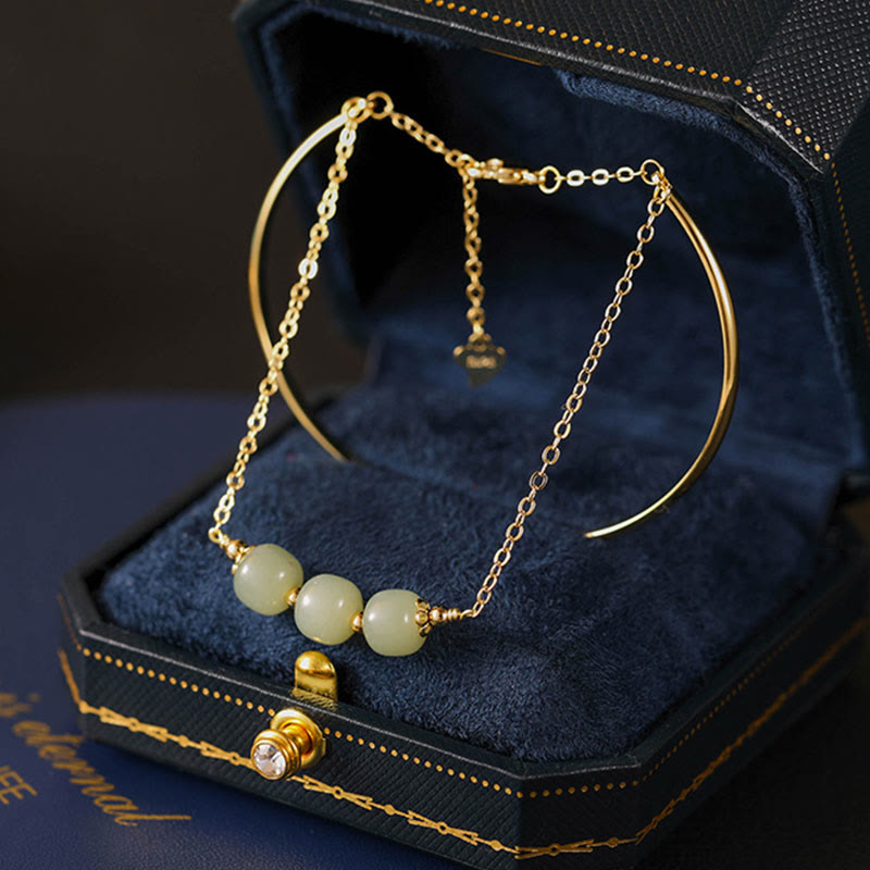 Fortune Jewel Copper Plated Gold Hetian Jade Bead Luck Double Layer Bracelet Bangle