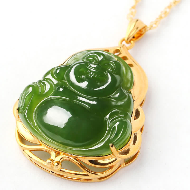 Fortune Jewel 925 Sterling Silver Natural Hetian Cyan Jade Laughing Buddha 18K Gold Healing Necklace Chain Pendant Fortune Jewel