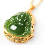 Fortune Jewel 925 Sterling Silver Natural Hetian Cyan Jade Laughing Buddha 18K Gold Healing Necklace Chain Pendant Fortune Jewel