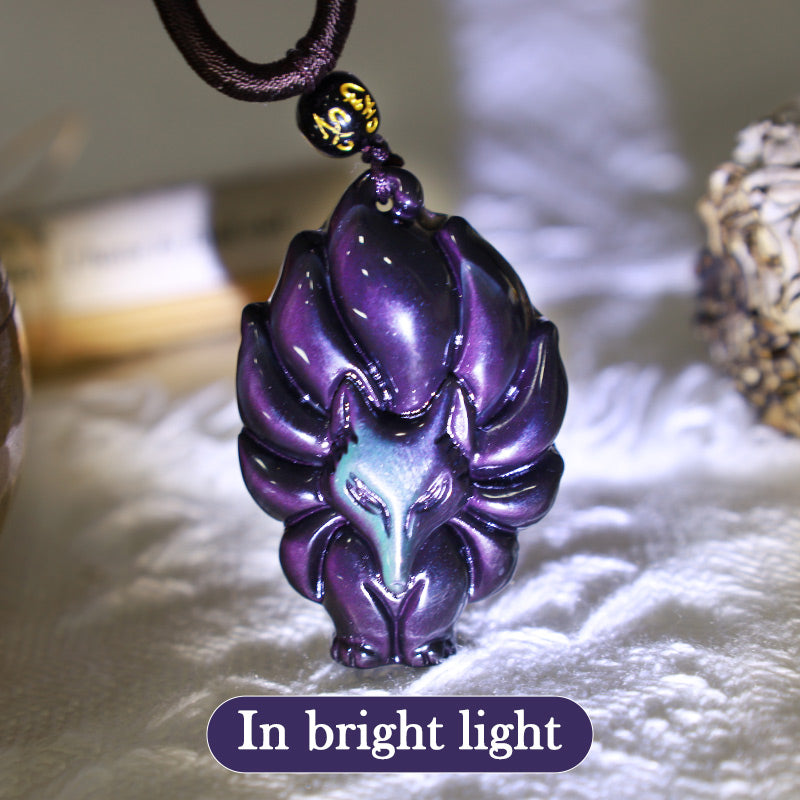 Fortune Jewel Natural Rainbow Obsidian Gold Sheen Obsidian Nine Tailed Fox Positive Necklace Pendant