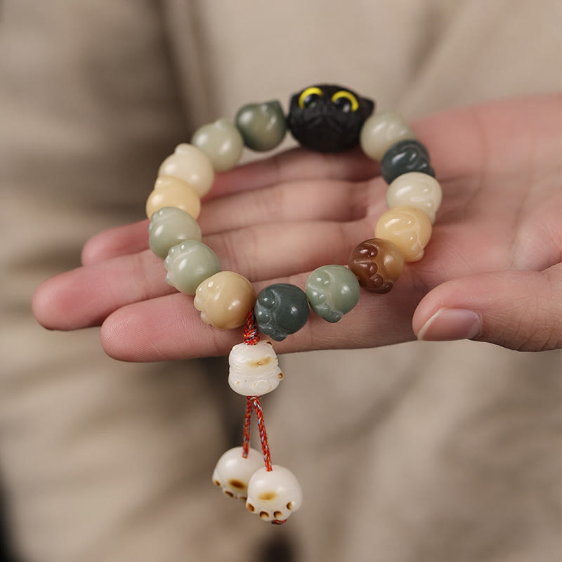 Fortune Jewel Natural Bodhi Seed Lovely Paw Ebony Wood Lucky Cat Wisdom Bracelet