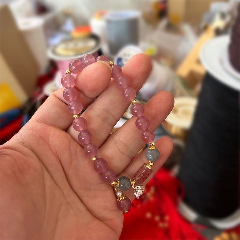 Fortune Jewel Natural Strawberry Quartz Zircon Flower Positive Charm Bracelet