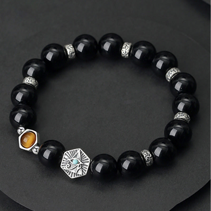 Fortune Jewel 925 Sterling Silver Black Obsidian Tiger Eye Eye of Providence Purification Bracelet
