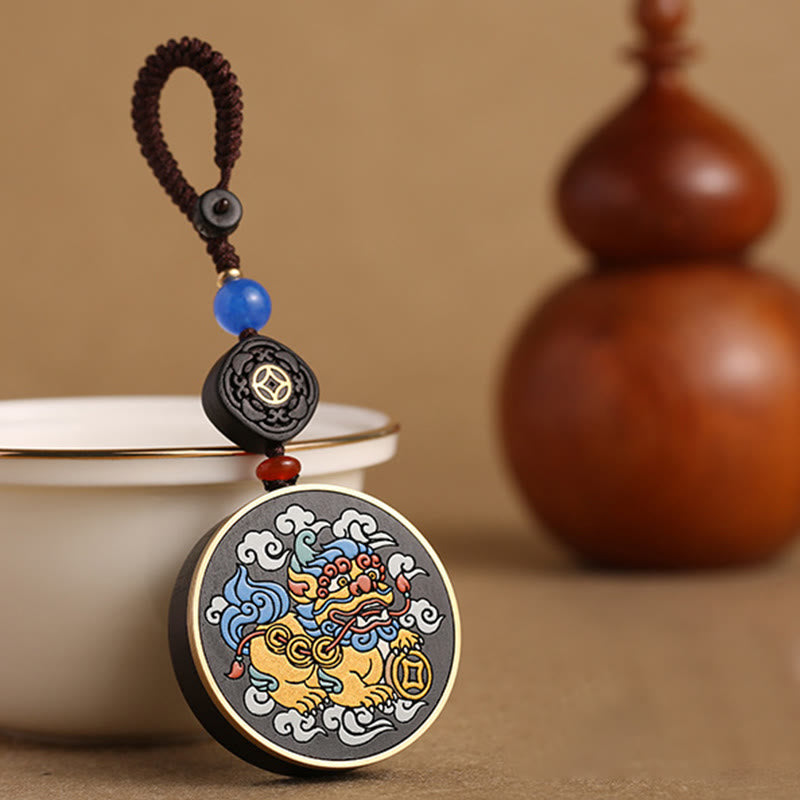 Fortune Jewel PiXiu Copper Coin Ebony Wood Luck Attract Wealth Key Chain Decoration