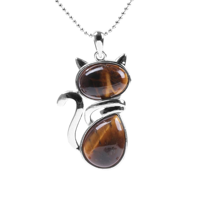 Fortune Jewel Cat Pattern Natural Crystal Protection Necklace Pendant
