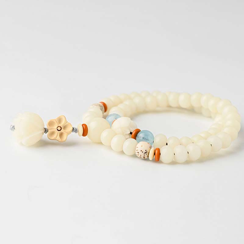 Fortune Jewel Tibetan White Jade Bodhi Lotus Blessing Bracelet Fortune Jewel