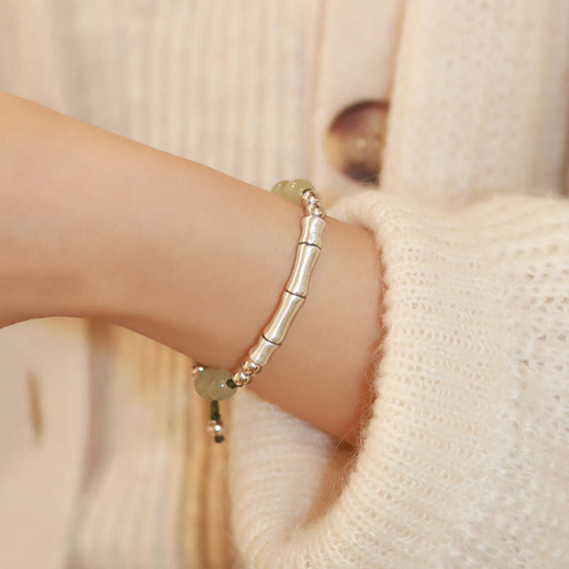Fortune Jewel 925 Sterling Silver Natural Jade Fu Character Bamboo Abundance Bracelet