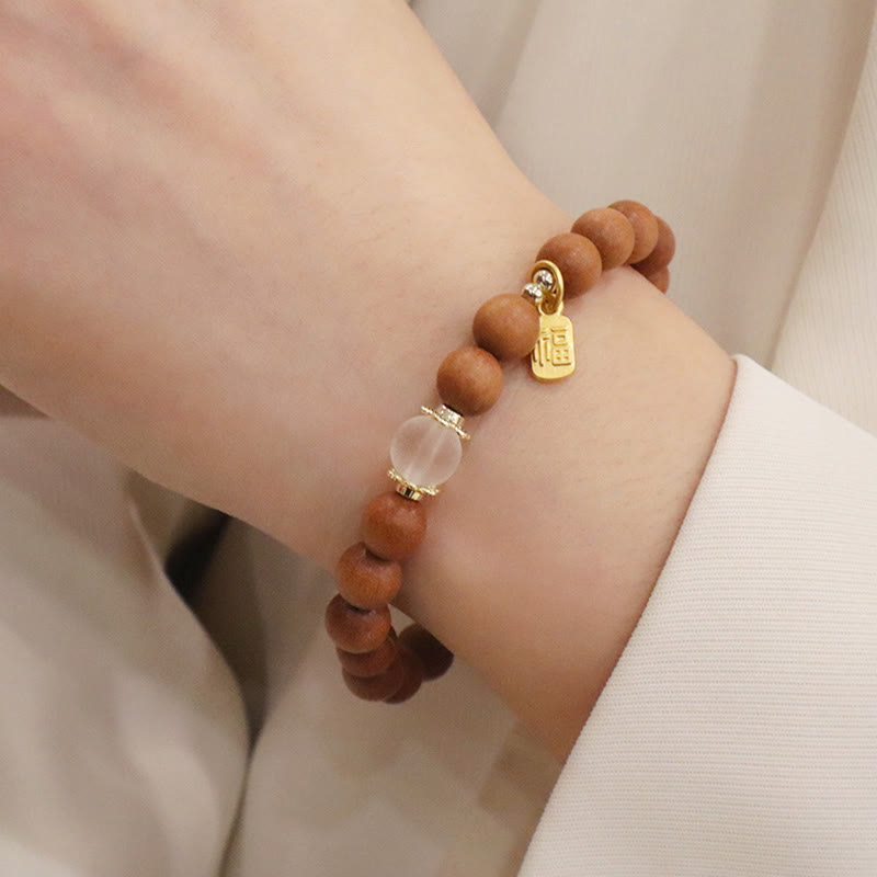 Fortune Jewel Sandalwood Cat's Eye Fu Character Charm Protection Bracelet