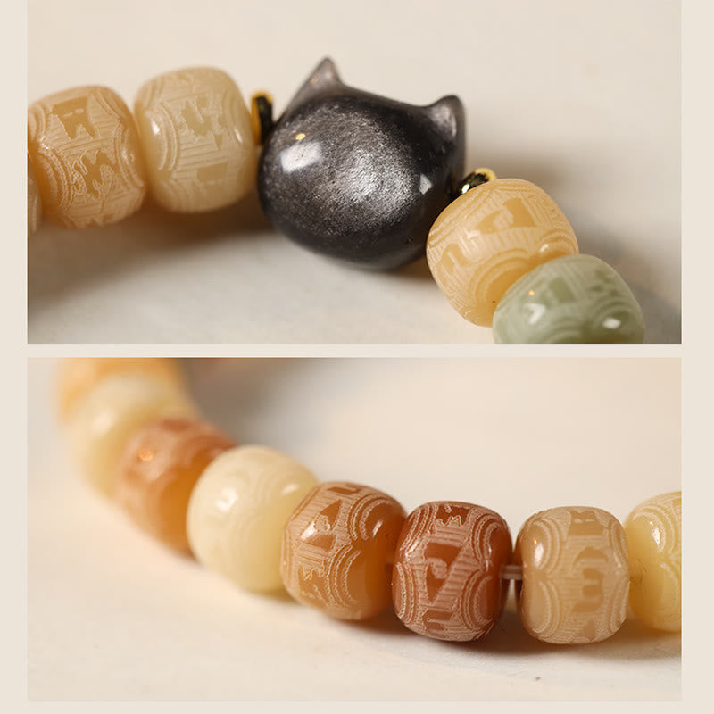 Fortune Jewel Bodhi Seed Silver Sheen Obsidian Cat Head Om Mani Padme Hum Engraved Harmony Bracelet