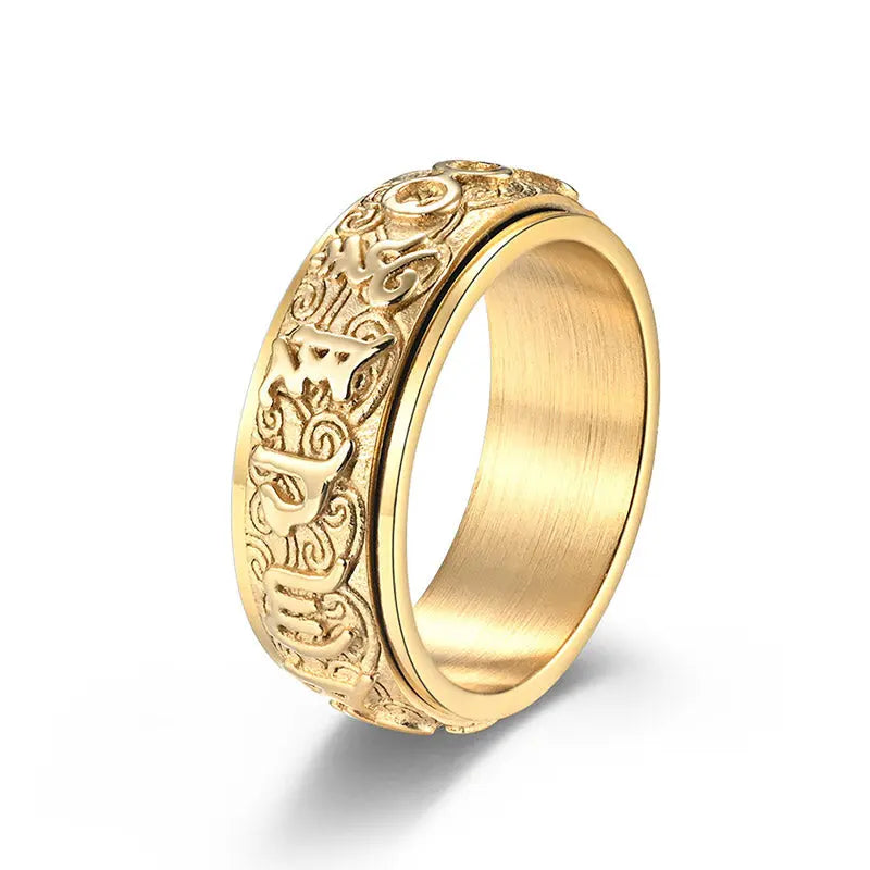 Fortune Jewel Om Mani Padme Hum Balance Calm Titanium Steel Ring Fortune Jewel