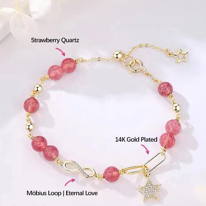 Fortune Jewel 14K Gold Plated Natural Strawberry Quartz Moonstone Möbius Loop Eternal Love Star Positive Bracelet