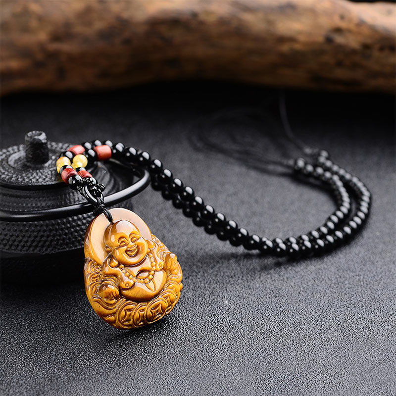 Fortune Jewel Tiger's Eye Laughing Buddha Blessing Necklace