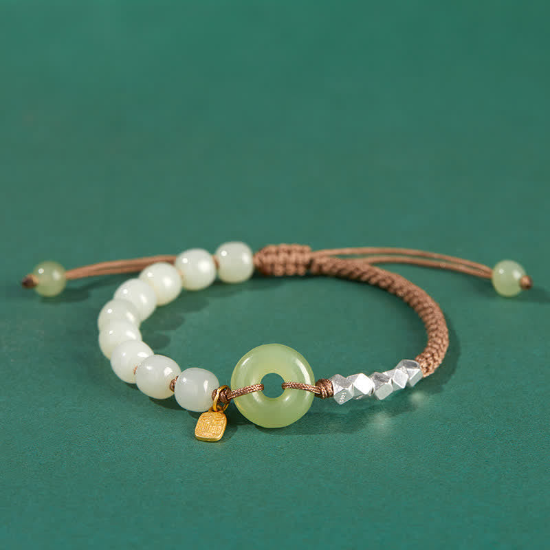 Fortune Jewel 925 Sterling Silver Hetian Jade Peace Buckle Beaded Luck Happiness Charm Bracelet