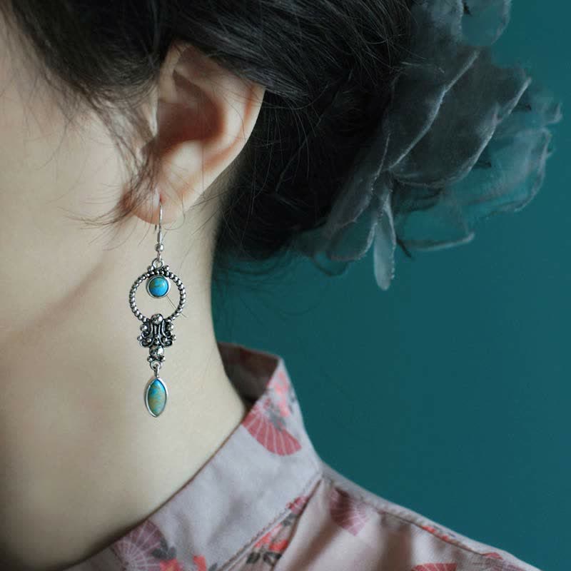 Fortune Jewel 925 Sterling Silver Vintage Turquoise Waterdrop Pattern Balance Drop Dangle Earrings