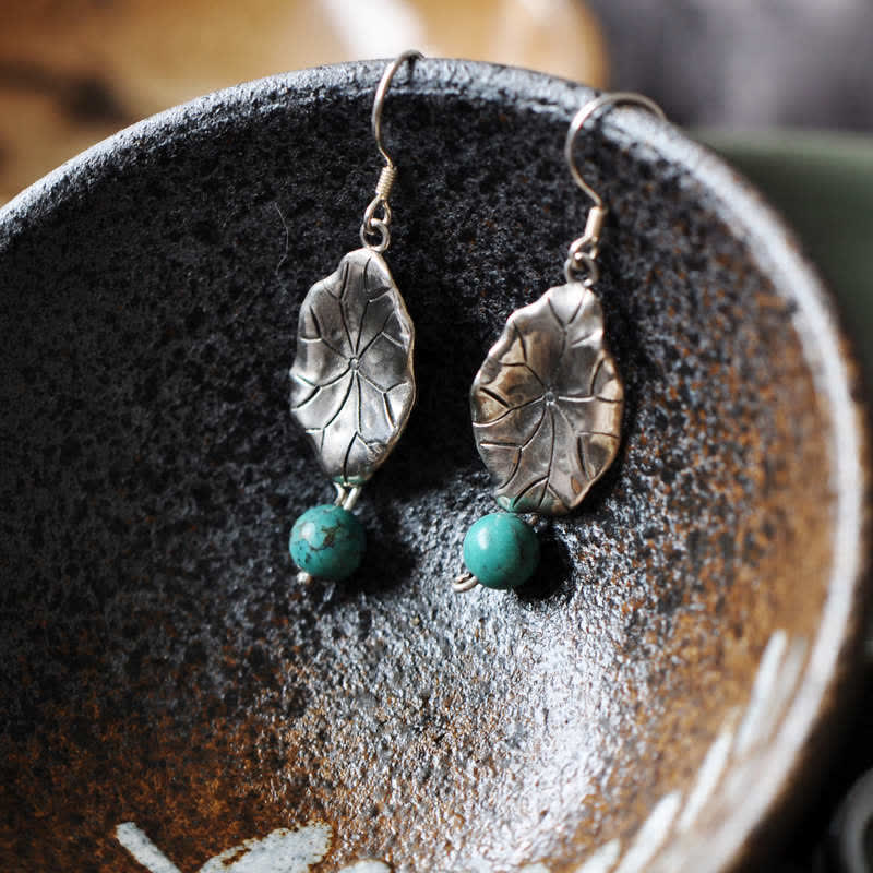Fortune Jewel 925 Sterling Silver Turquoise Lotus Leaf Protection Drop Dangle Earrings