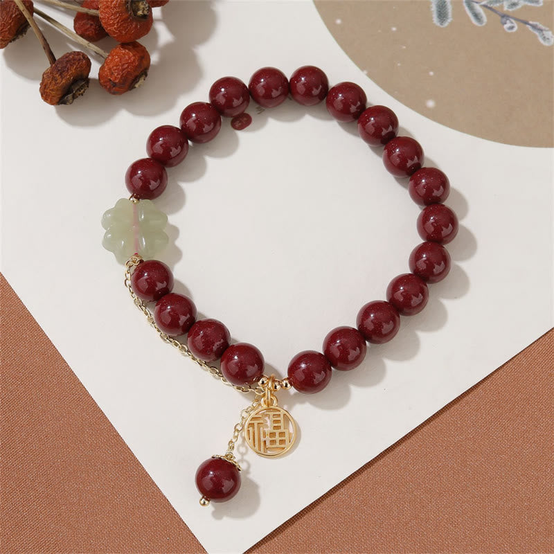 Fortune Jewel Cinnabar Fu Character Hetian Jade Lucky Four Leaf Clover Blessing Bracelet