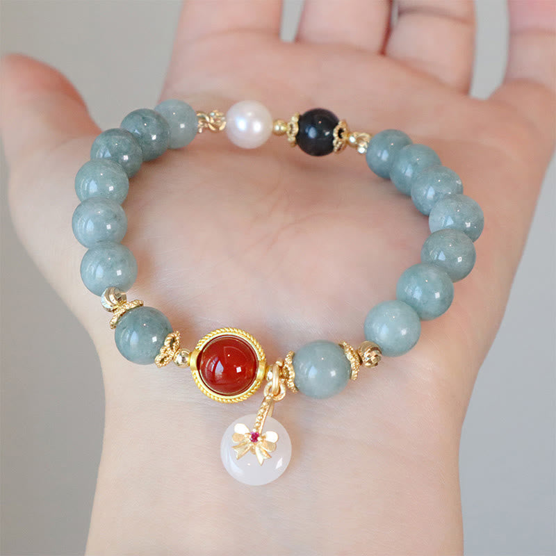 Fortune Jewel Natural Jade Red Agate Pearl Bow Tie Luck Bracelet