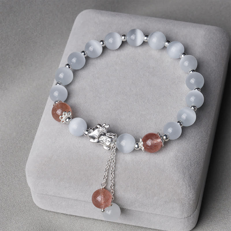 Fortune Jewel Natural Cat's Eye Moonstone Strawberry Quartz PiXiu Support Bracelet
