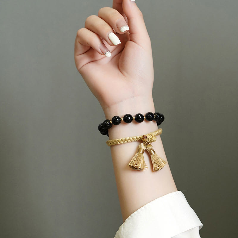 Fortune Jewel 2Pcs Black Onyx Bead Support Protection String Bracelet