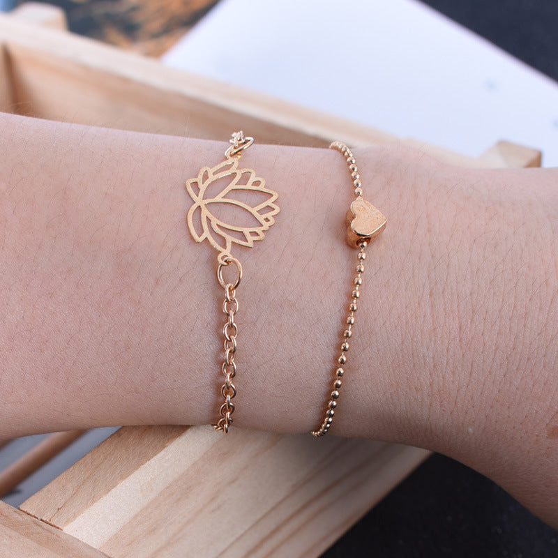 Fortune Jewel 2Pcs Lotus Flower Love Heart Enlightenment Bracelet