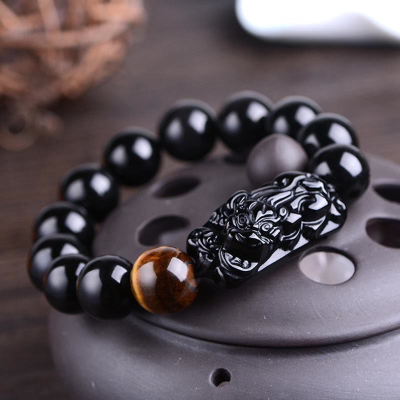 Fortune Jewel Natural Black Obsidian PiXiu Tiger's Eye Strength Bracelet