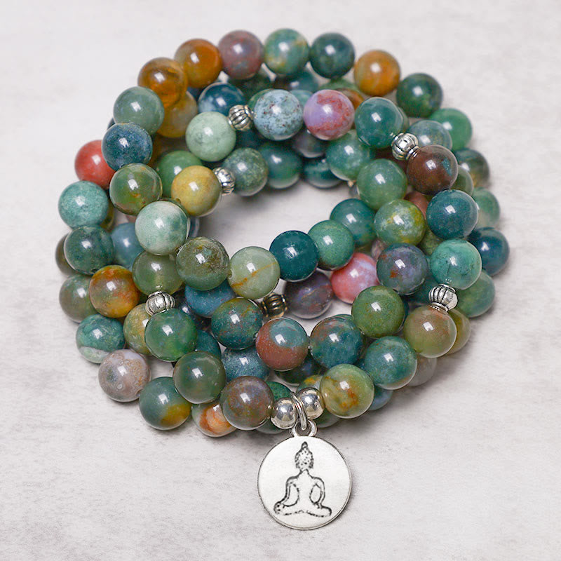 Fortune Jewel 108 Mala Beads Indian Agate Lotus OM Buddha Tree of life Positive Calm Bracelet