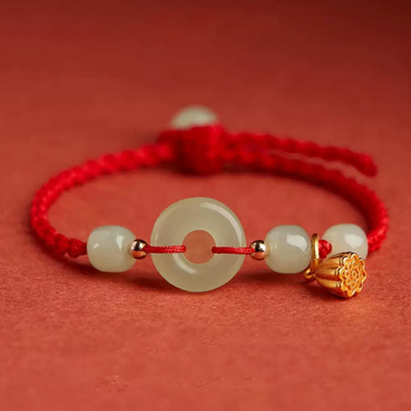 Fortune Jewel Round Peace Buckle Jade Lotus Happiness Abundance Wealth String Bracelet