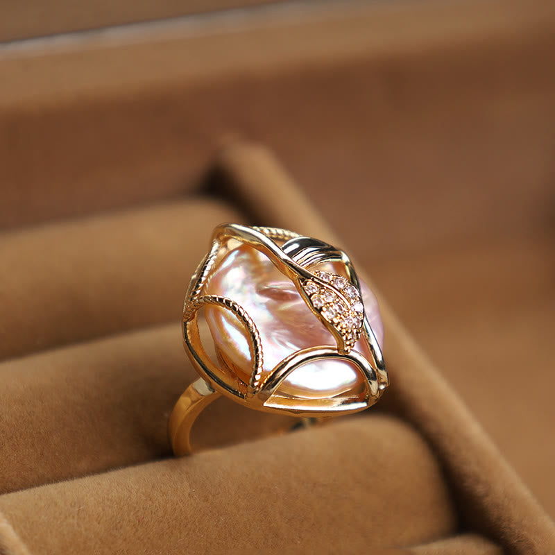Fortune Jewel Pearl Copper Plated Gold Flower Happiness Wealth Ring