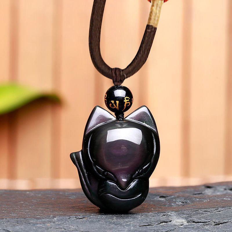 Fortune Jewel Natural Rainbow Obsidian Gold Sheen Obsidian Nine Tailed Fox Positive Necklace Pendant