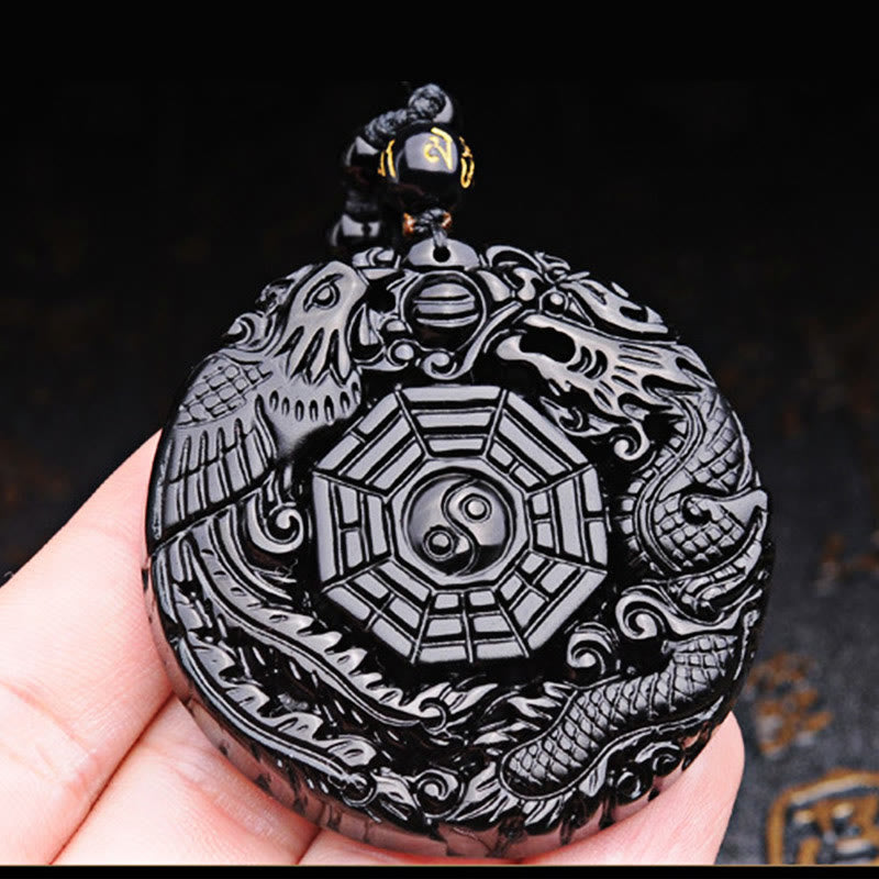 Fortune Jewel Bagua Dragon Phoenix Obsidian Fulfilment Pendant Necklace