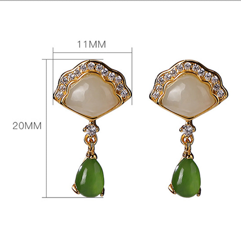 Fortune Jewel White Jade Cyan Jade Fan Water Drop Pattern Luck Drop Earrings