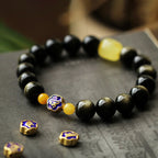 Fortune Jewel 925 Sterling Silver Chinese Zodiac Natal Buddha Natural Gold Sheen Obsidian Amber Wealth Protection Bracelet