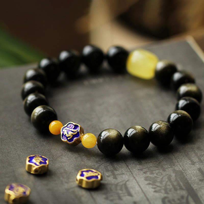 Fortune Jewel 925 Sterling Silver Chinese Zodiac Natal Buddha Natural Gold Sheen Obsidian Amber Wealth Protection Bracelet