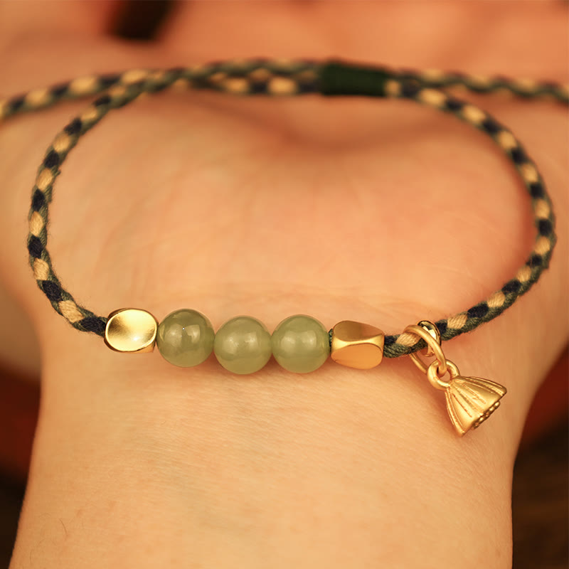 Fortune Jewel Handcrafted Hetian Jade Lotus Charm Luck Braided Bracelet