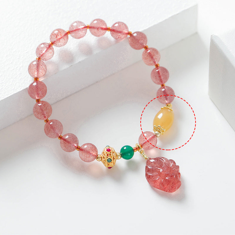 Fortune Jewel Natural Strawberry Quartz Nine Tailed Fox Healing Bracelet