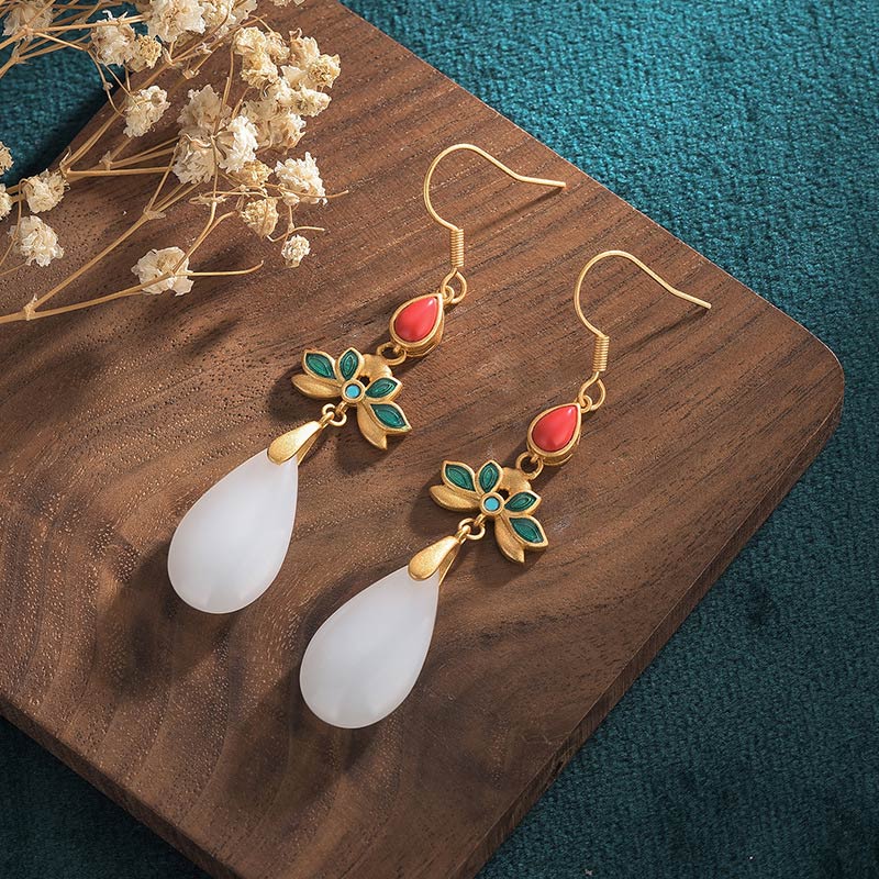 Fortune Jewel FengShui White Jade Luck Drop Earrings