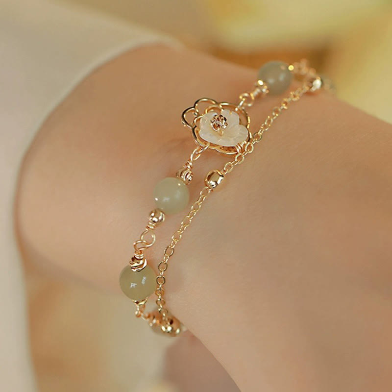 Fortune Jewel 14K Gold Plated Jade Butterfly Tridacna Stone Flower Double Layer Luck Bracelet