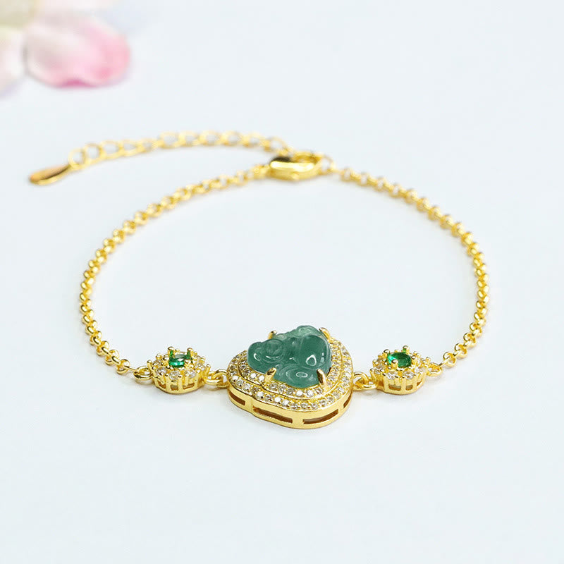 Fortune Jewel Laughing Buddha Green Jade Zircon Luck Chain Bracelet