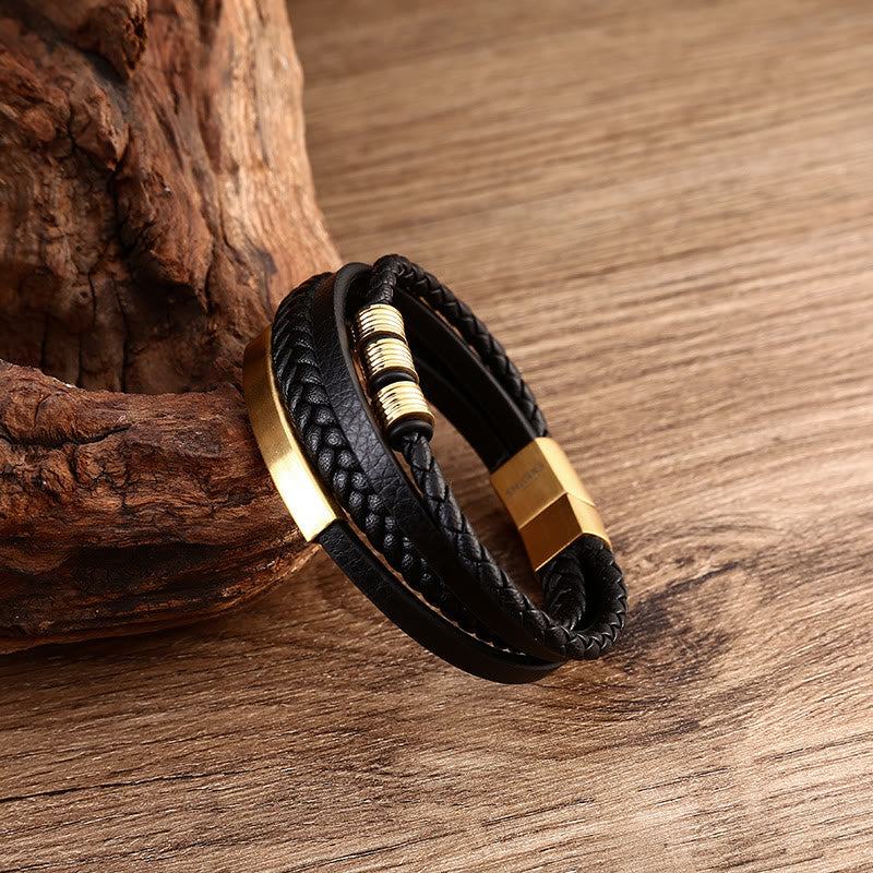 Fortune Jewel Leather Multi-Layer Titanium Steel Balance Braided Magnetic Buckle Bracelet